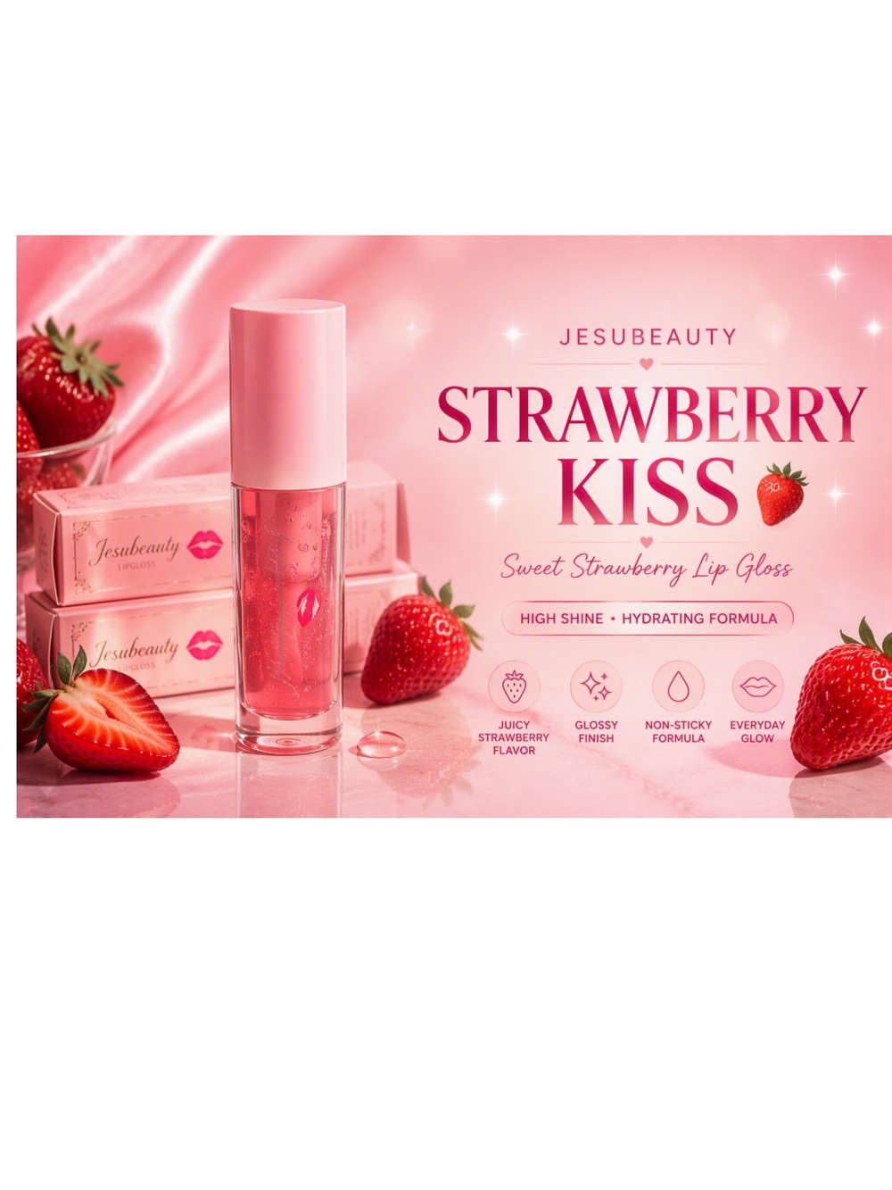 Jesubeauty Strawberry Kiss Pink Lip Gloss - Hydrating High Shine